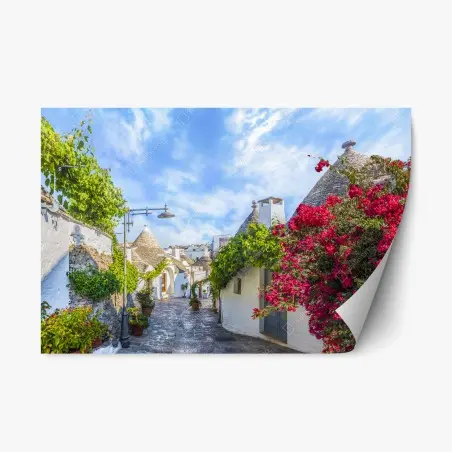 Pegatina reposicionable encanto de Alberobello: trulli en calle empedrada con buganvillas – Pixers®