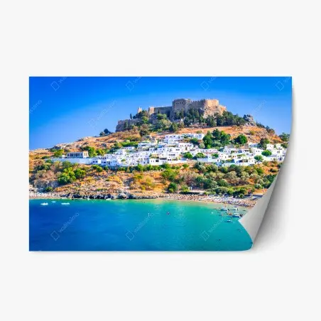 Pegatina reposicionable Lindos, Grecia: acantilado de casas blancas y Acrópolis – Pixers®