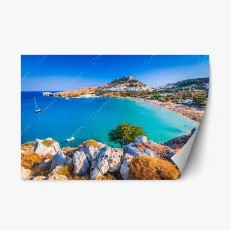 Pegatina reposicionable Lindos: bahía de aguas turquesas en Rodas – Pixers®