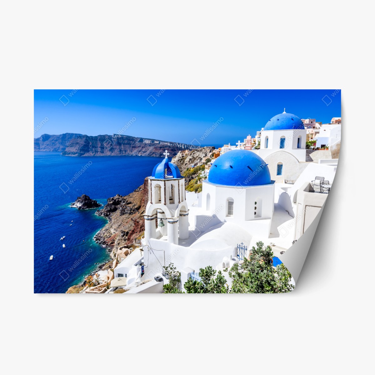 Pegatina reposicionable amanecer en Santorini: cúpulas azules sobre el mar – Pixers®