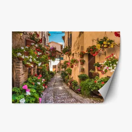 Pegatina reposicionable calle floral medieval en Umbria, Italia – Pixers®