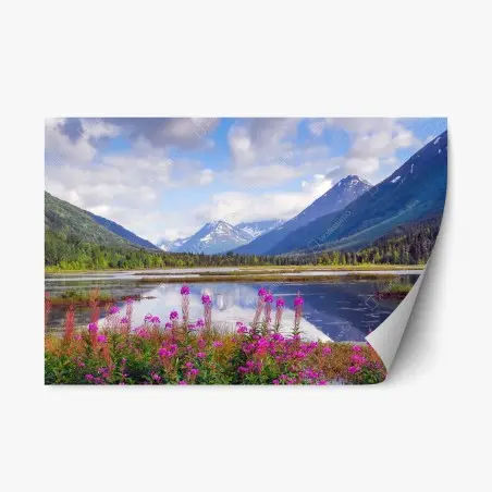 Pegatina reposicionable amanecer en Tern Lake, Alaska: paisaje de montañas y lago – Pixers®