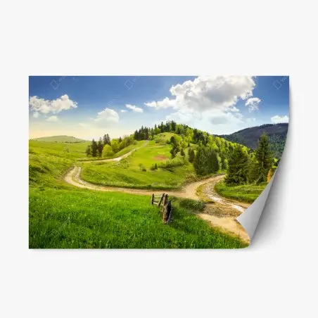 Pegatina reposicionable escena otoñal en la colina con cruce de caminos – Pixers®
