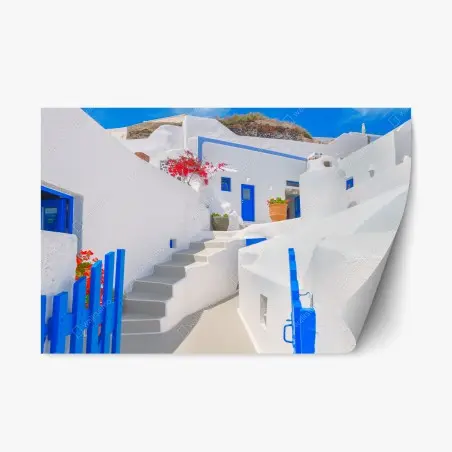 Pegatina reposicionable paisaje blanco y azul de Santorini – Pixers®