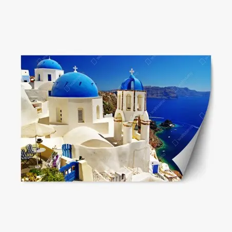Pegatina reposicionable vistas de Santorini: cúpulas azules sobre el mar – Pixers®