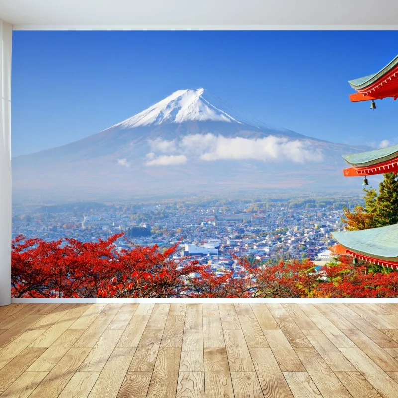 Fotomural vistas serenas del Monte Fuji con pagoda en otoño
