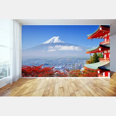 Fotomural vistas serenas del Monte Fuji con pagoda en otoño – Pixers®