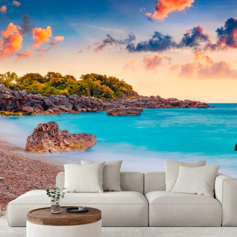 Fotomural amanecer en la playa de Himare, costa del Mar Adriático