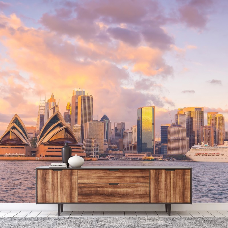 Fotomural atardecer dorado en Sydney: horizonte icónico