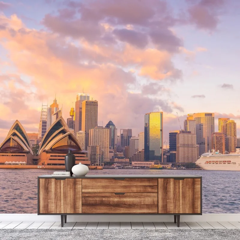 Fotomural atardecer dorado en Sydney: horizonte icónico