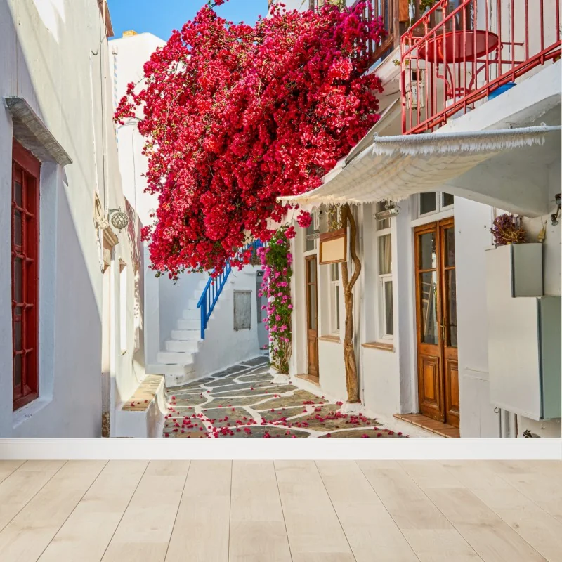Fotomural rincón de buganvilla en calle blanca