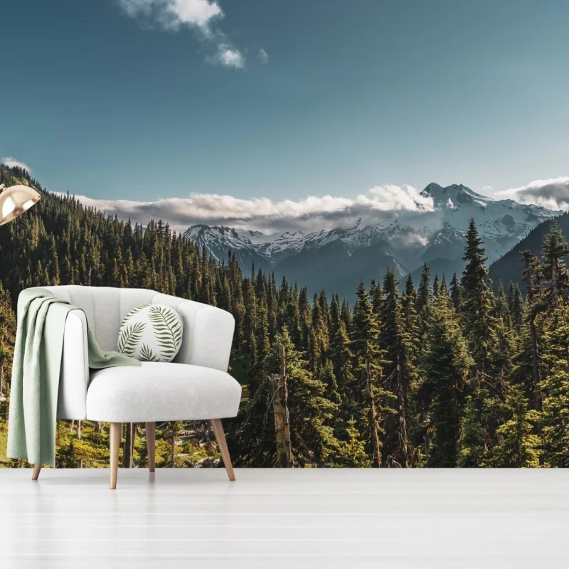 Fotomural paisaje alpino con bosque y picos nevados