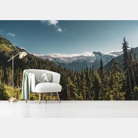 Fotomural paisaje alpino con bosque y picos nevados – Pixers®