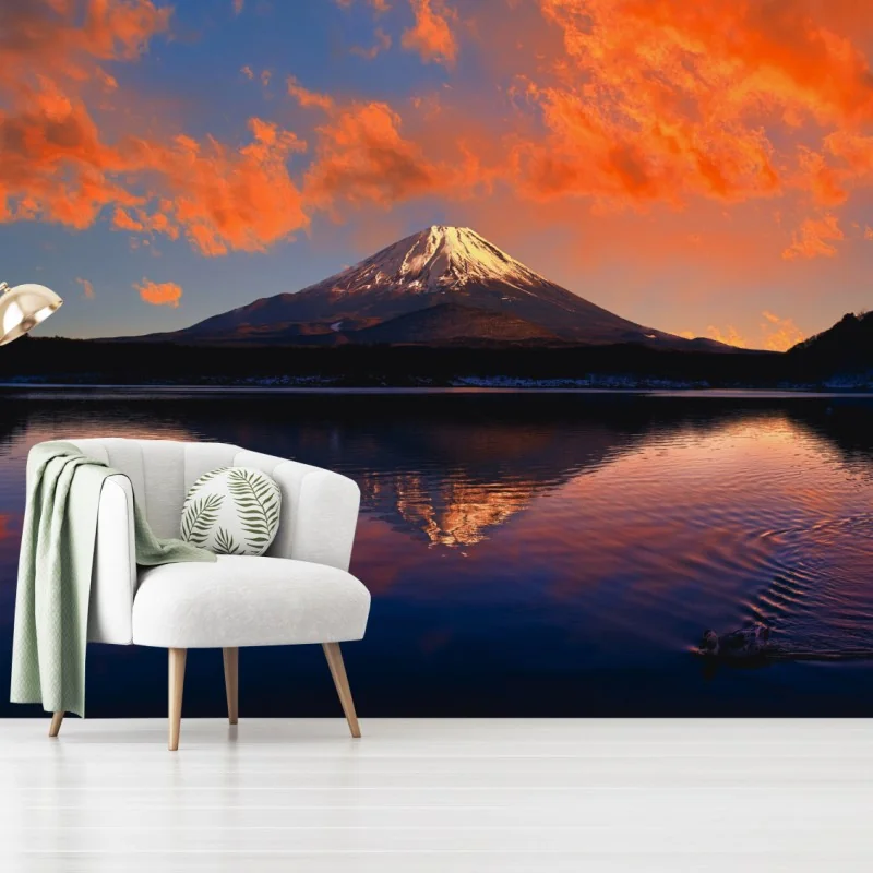 Fotomural puesta de sol en Monte Fuji con reflejo sobre el lago