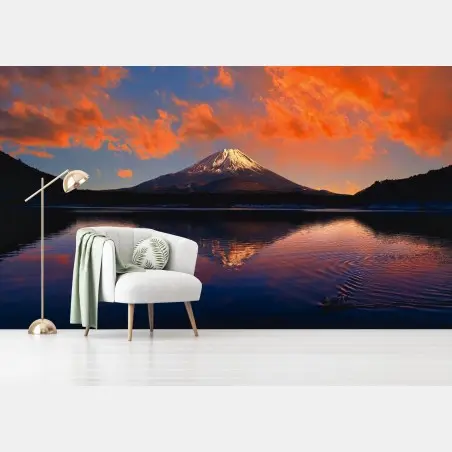 Fotomural puesta de sol en Monte Fuji con reflejo sobre el lago – Pixers®