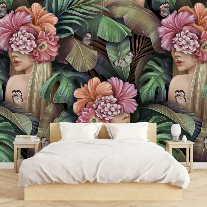 Fotomural mujer floral entre hojas tropicales