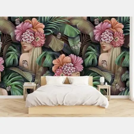 Fotomural mujer floral entre hojas tropicales – Pixers®