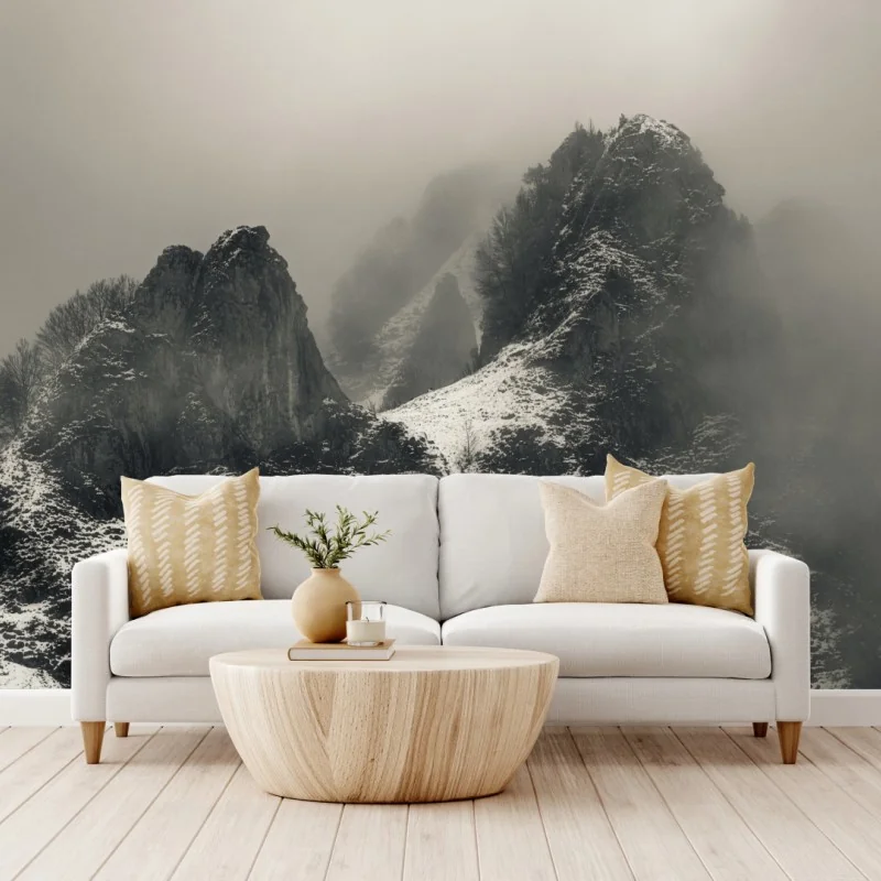 Fotomural paisaje montañoso nevado entre niebla