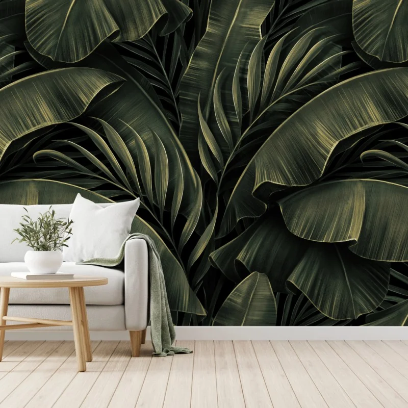 Fotomural hojas tropicales en verde oscuro