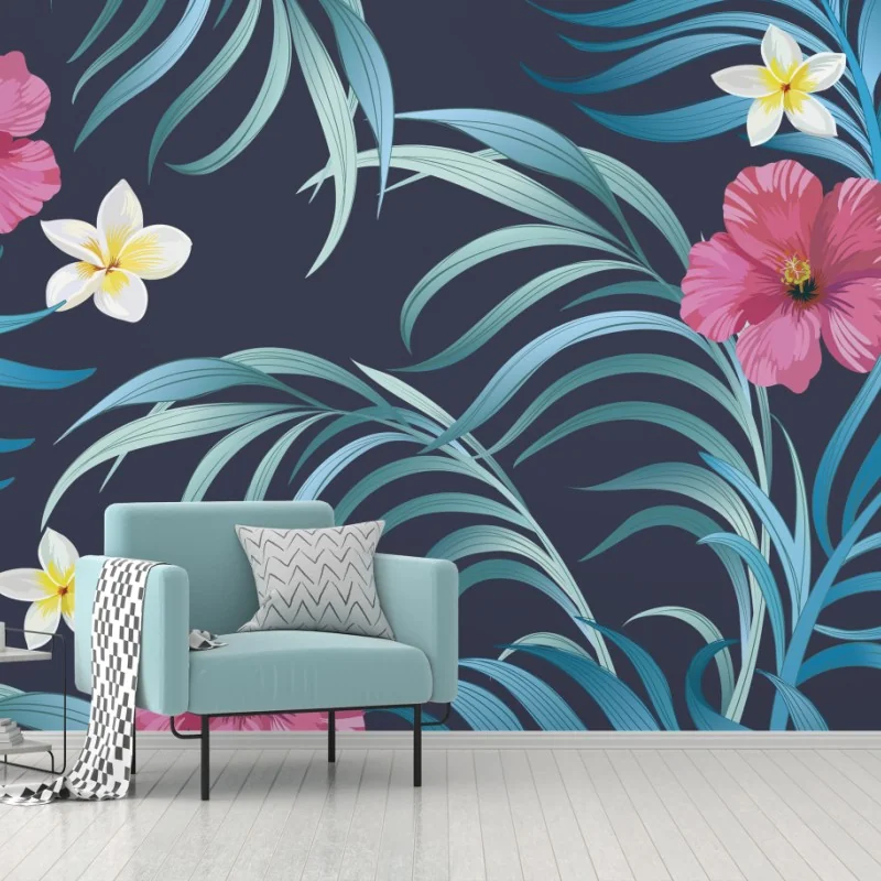 Fotomural patrón floral tropical con hojas azules y hibiscos