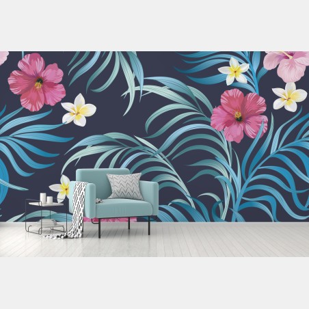 Fotomural patrón floral tropical con hojas azules y hibiscos – Pixers®