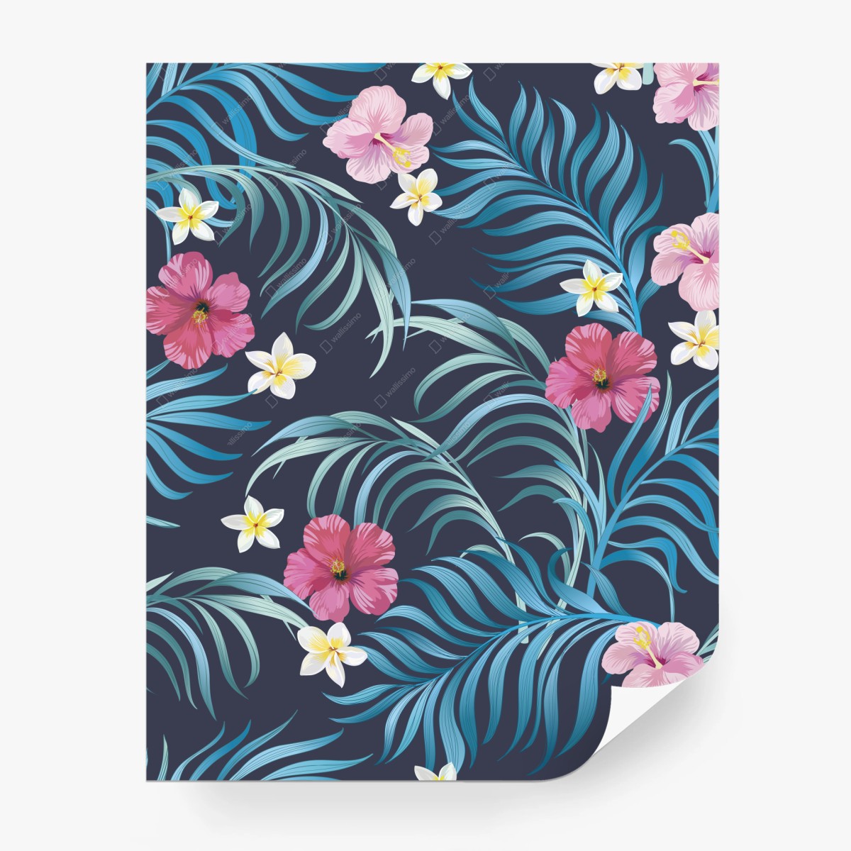 Fotomural patrón floral tropical con hojas azules y hibiscos – Pixers®