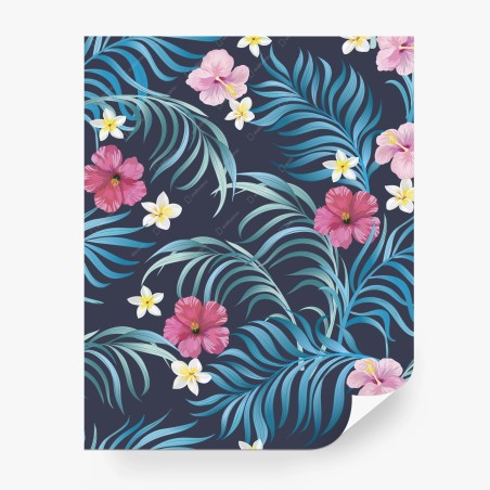 Fotomural patrón floral tropical con hojas azules y hibiscos – Pixers®
