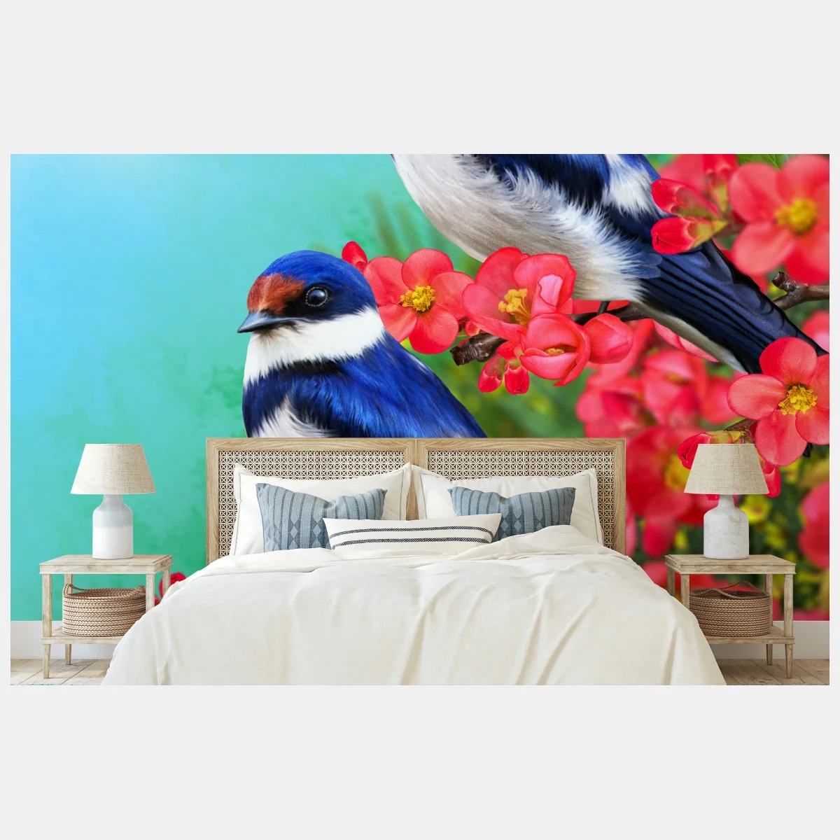 Fotomural dúo de aves azules sobre flores rosas – Pixers® Fotomural dúo de aves azules sobre flores rosas – Pixers®