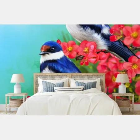 Fotomural dúo de aves azules sobre flores rosas – Pixers®