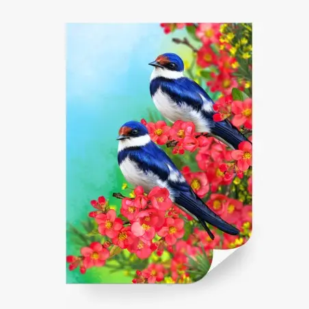 Fotomural dúo de aves azules sobre flores rosas – Pixers®