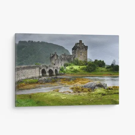 Cuadro en lienzo castillo antiguo junto al puente sobre el lago – Pixers®