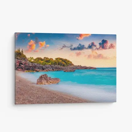 Cuadro en lienzo amanecer en la playa de Himare, costa del Mar Adriático – Pixers®