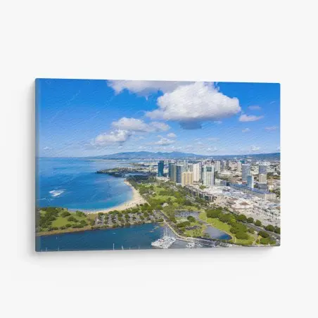 Cuadro en lienzo vista costera: skyline y playa tropical – Pixers®