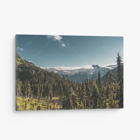 Cuadro en lienzo paisaje alpino con bosque y picos nevados – Pixers®