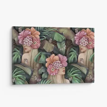 Cuadro en lienzo mujer floral entre hojas tropicales – Pixers®