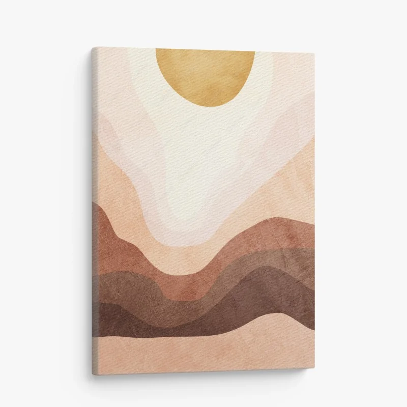 Cuadro en lienzo paisaje abstracto en tonos tierra con sol dorado