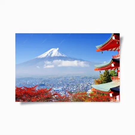 Póster vistas serenas del Monte Fuji con pagoda en otoño – Pixers®
