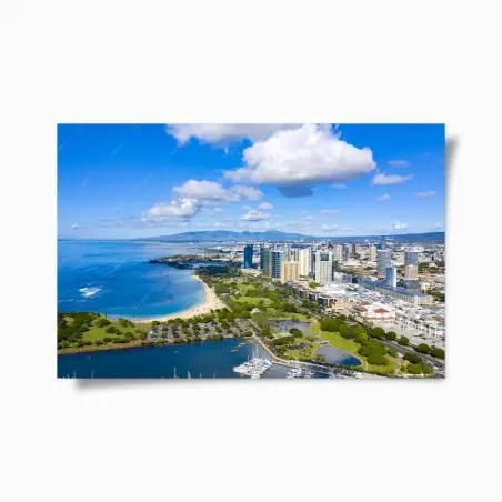 Póster vista costera: skyline y playa tropical – Pixers®