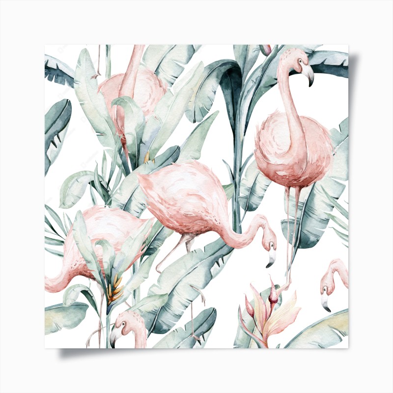 Póster jardín de flamencos en acuarela