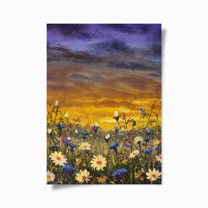 Póster atardecer en pradera de margaritas y acianos