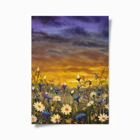 Póster atardecer en pradera de margaritas y acianos – Pixers®