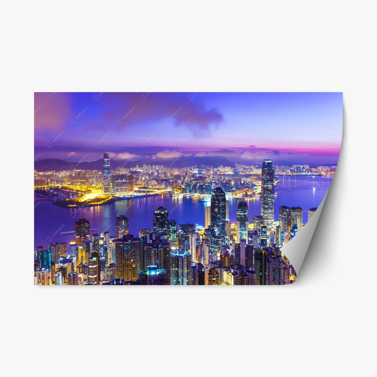 Pegatina reposicionable amanecer sobre Hong Kong, horizonte vibrante – Pixers®
