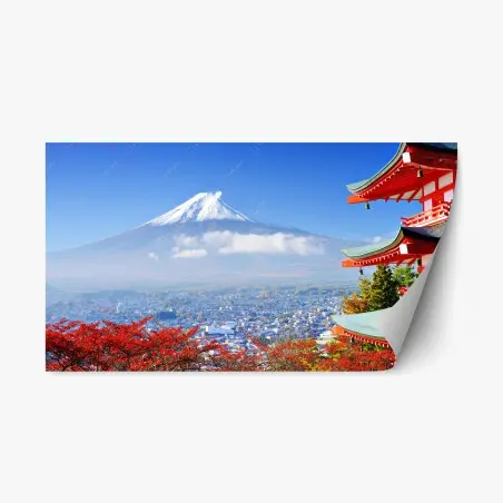 Pegatina reposicionable vistas serenas del Monte Fuji con pagoda en otoño – Pixers®