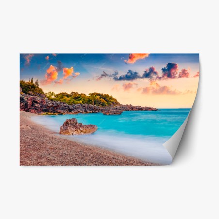 Pegatina reposicionable amanecer en la playa de Himare, costa del Mar Adriático – Pixers®