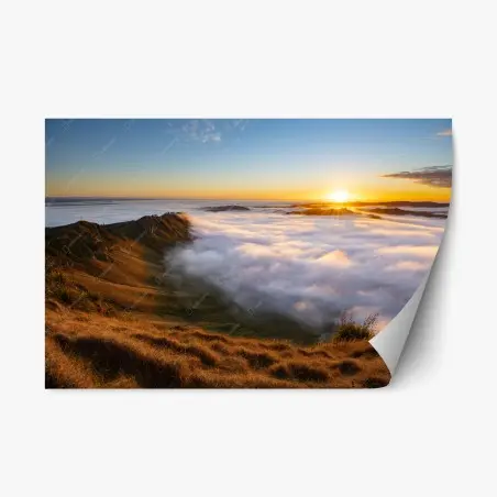Pegatina reposicionable amanecer sobre valle de niebla – Pixers®