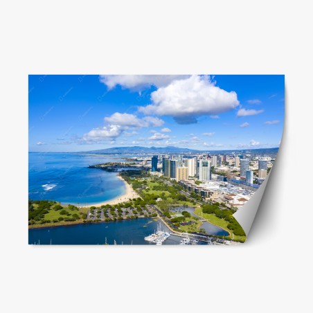 Pegatina reposicionable vista costera: skyline y playa tropical – Pixers®