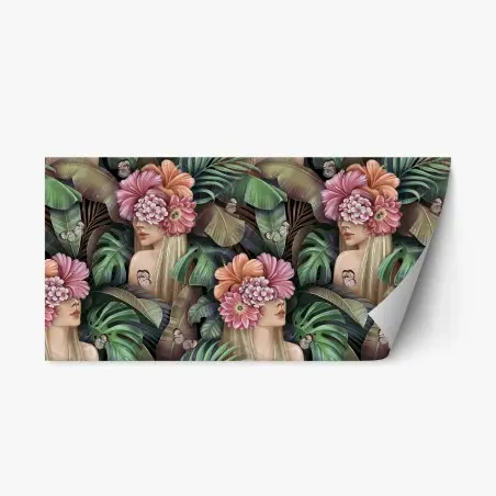Pegatina reposicionable mujer floral entre hojas tropicales – Pixers®