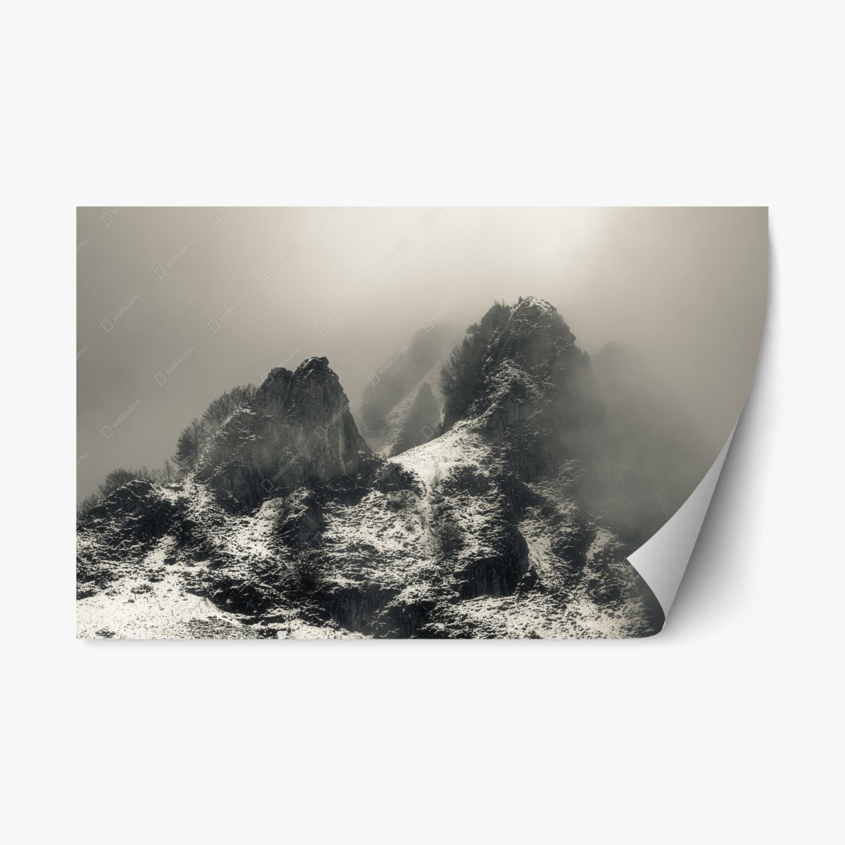 Pegatina reposicionable paisaje montañoso nevado entre niebla – Pixers®