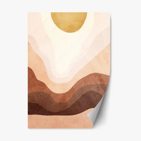 Pegatina reposicionable paisaje abstracto en tonos tierra con sol dorado – Pixers®
