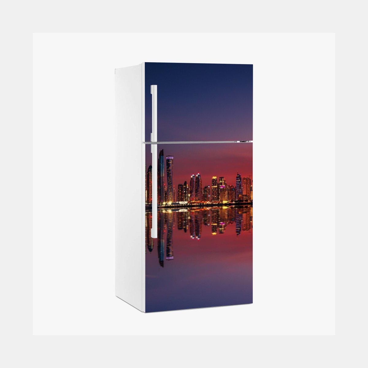 Pegatina para frigorífico skyline iluminado al atardecer con reflejos – Pixers®